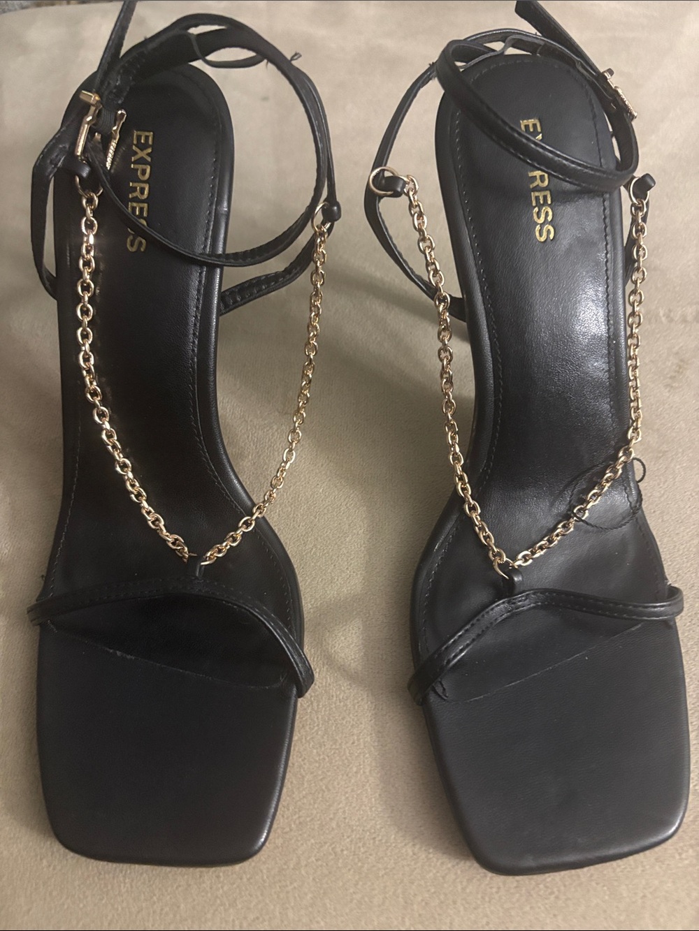 Express Black Strappy Heels with Gold Chain Accent